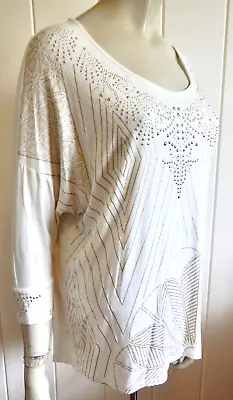 Desigual Spanish Label Gold Studded Slouchy Cream Stretch Top Size 10 - 12 (S) • $7