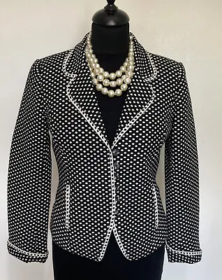 CAROLINE CHARLES Black Cream Polka Dot Cotton Blend Fitted Jacket Size 8 UK • £30