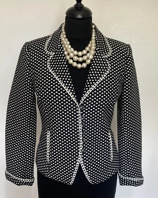 CAROLINE CHARLES Black Cream Polka Dot Cotton Blend Fitted Jacket Size 8 UK • £30