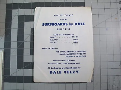 Vtg 1960s Surfing Ephemera Dale Velzy Surfboards Price List Flyer • $350