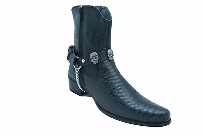 $30.99 • Buy Men Metal Silver Boots Chains Fashion Western Shoe Black 2 Straps Skeleton Skull