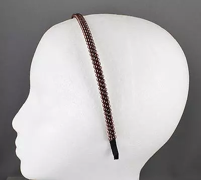 Dk Brown Faux Pearl Headband Seed Bead Skinny Narrow Headband Beaded Hair Band • $5.21