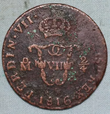 1816 Mexico 2/4Tlaco/ 1/4 Real Ferdinand Vll Rare Copper Coin ~ KM# 64 • $20