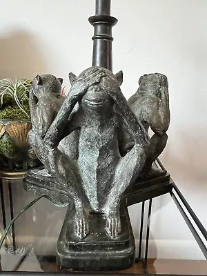 Rare 80s Vintage Maitland Smith Three Wise Moneky Lamp Bronze And Stone • $250