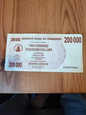 Zimbabwe Banknote Bearer Cheque. 200000 Dollars. Dated 2007/8 - Circulated • £1.75