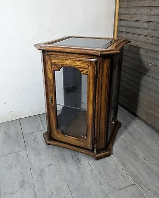 Vintage Rustic Oak Wood And Glass Curio Display End Table Cabinet Door Shelf T92 • $315