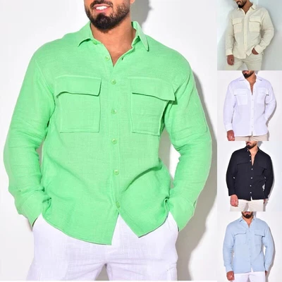 Mens Shirts Lapel Neck Tops Men Plain Long Sleeve Tunic Shirt Holiday Casual • £19.08