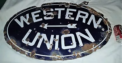 Antique Usa Western Union Double Porcelain Sign American Telegraph Art Iron Hook • $1595