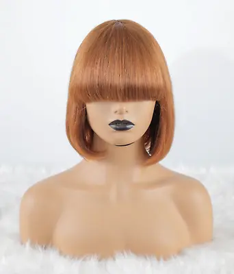 Rich Dark Auburn Blonde Straight Fringe Long European 100% Human Hair Lob Wig • £158