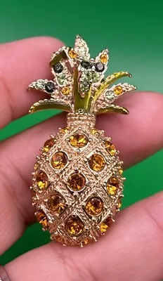 Vintage Signed Monet Rhinestone Pineapple Brooch Gold Tone • $19.99