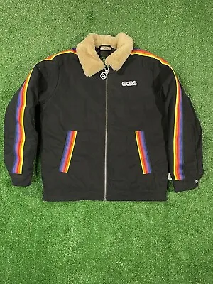 CGDS Mens Black Micro Suede Rainbow Stripe Quilted Fade Fur Jacket Size Medium • $44