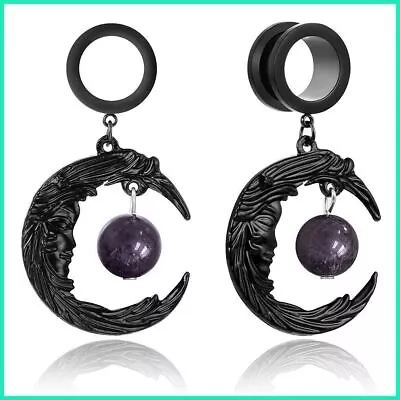 Pair Moon Stone Style Dangle Ear Gauges Plugs Tunnels Body Jewelry Piercings • $16.37