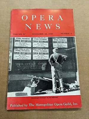 Opera News Magazine November 20 1939 M445 • $12.99