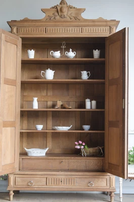 £1450 • Buy French Antique Knockdown Oak Mirrored Linen Press Cabinet Wardrobe With Shelves