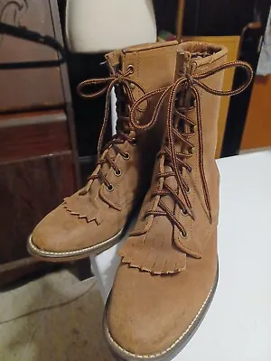 Vintage Laredo Kiltie 8M Leather Lace Tan Women Beigh Brown Granny Western Boots • $29.92