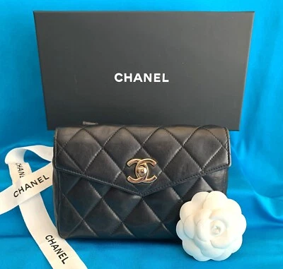 $321 • Buy Authentic Vintage CHANEL Matelasse BLACK LAMBSKIN Waist Pouche/bag. NO RESERVE!