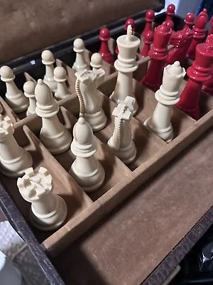 Vintage Red Gallant Knight Chessmen Champions Staunton Chess Set Felted Ivory • $699