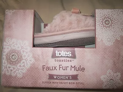 Totes Toasties Faux Fur Pink Mule Womens Slipper With Velvet Bow Detail Size L • £12