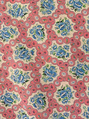 Vintage Cotton Feed Sack Fabric With Large Blue Roses And Pink Circles • $65