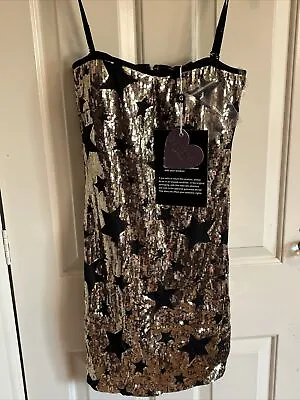 £5.99 • Buy Goddiva London Sequin Gold Black Star Print Party Dress New Year Edition New