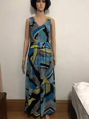 Jacqui E Blue Black Lime Paisley Geo Maxi Cheer Lined Dress 6 Worn Once Rrp$110 • $30