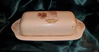 Vintage Stoneware Butter Dish Beige Brown Autumn Leaves • $19.99