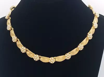 Vintage CROWN TRIFARI Pearl Flower Birthday Ribbon Series Necklace Gold Tone • $330