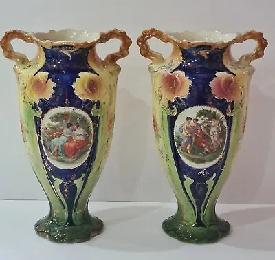 Pair Of Antique Vintage Ceramic Handled Vases Victorian Classical Style 1907 • £14.95