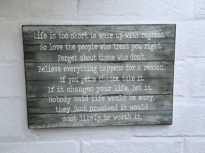 Life Is Too Short To Wake Up With Regrets Motivational Rustic Plaque Sign • £10.29