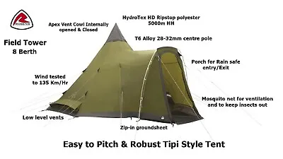 Robens Field Tower - 8 Berth Tipi - Robust & Easy To Pitch Family Tent • £479