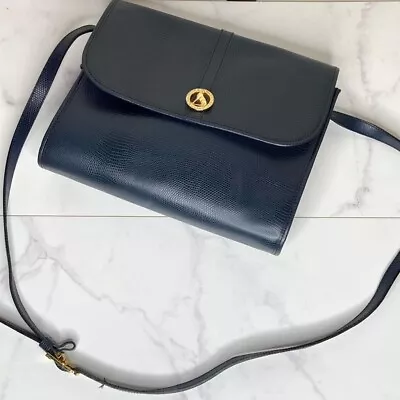 Vintage 70s FRANCOIS MAROT Paris Dark Blue Lizard Leather Crossbody Bag Purse • $89