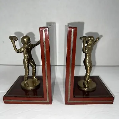 Football Player Bookends Vintage Toyo Korea Mid Century Brass Wood • $49.99