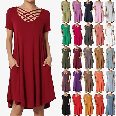 TheMogan Women's Strap Scoop Neck Short Sleeve Flowy Swing Pocket T-Shirt Dress • $13.99