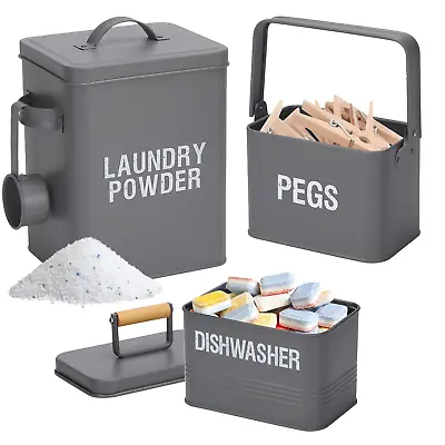 3 Pc Laundry Dishwasher Detergent Storage Box Metal Tin Peg Container Lid Grey • £11.99