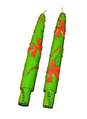 Pair Of Faux Mexican Wooden & Paper Mache Candle Sticks Green/Pink Vtg Hippies • $36