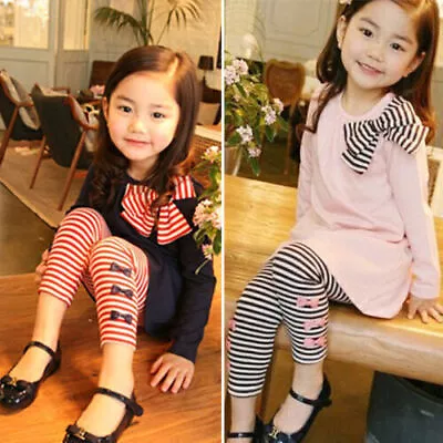 Kids Baby Girls Winter Clothes Long Sleeve T-Shirt Top+Striped Pants Outfits Set • £7.48