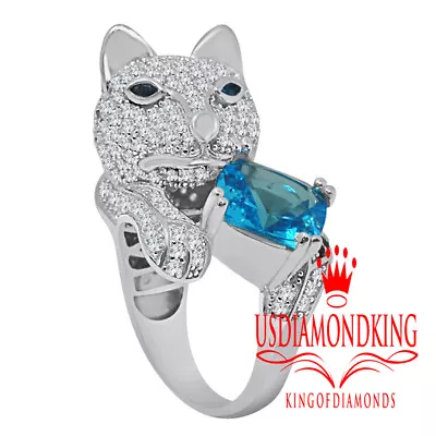 $79.99 • Buy 10K White Gold On Real Silver  Wolf Head Blue Eye Ring Custom Band Unisex