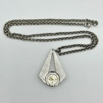 Vintage Ladies BELAIR Silver Tone Mid Century Mechanical Pendant Watch W/ Chain • $27.99