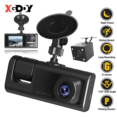 $38.89 • Buy XGODY 3 Channel Dash Cam Front Inside & Rear Triple Car Recorder Taxi IR Vision