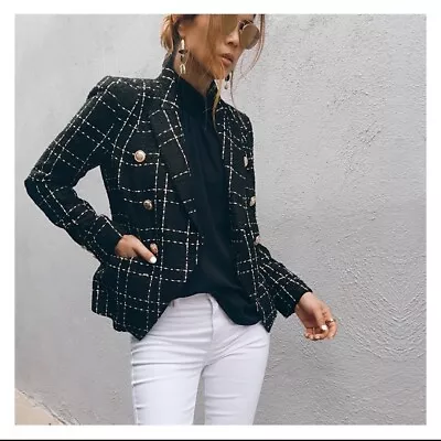 Decjuba Carly Tweed Plaid Blazer Size 12 Black & White • $99