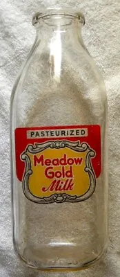 Vintage Meadow Gold Red & Yellow Graphics Cow Milk Dairy Quart MILK BOTTLE • $34.99