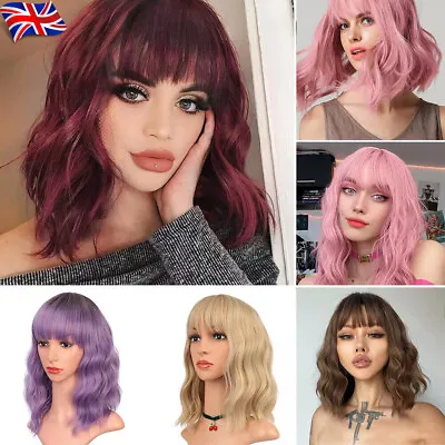 Women Ladies Red Short Curly Wigs Natural Bob With Bangs Wavy Hair Cosplay Wig • £10.60