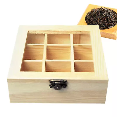 Tea Storage Organizer Caddy With Viewing Window Wood Chest Tea Bags Container • $20.92
