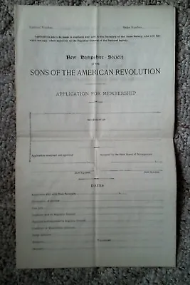 $4.50 • Buy 1920s New Hampshire Society Sons Of The American Revolution Application