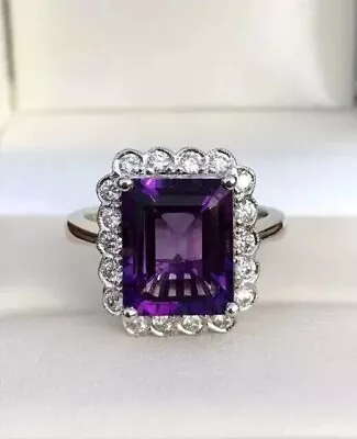 Lab Created Amethyst 2.50Ct Emerald Cut Halo Engagement Ring White Gold Plated • $81.24