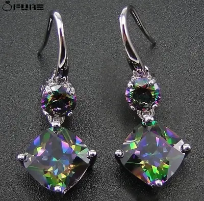 £4.99 • Buy Diamond Cut Multicolour Square 925 Sterling Silver Sparkle Drop Dangle Earrings