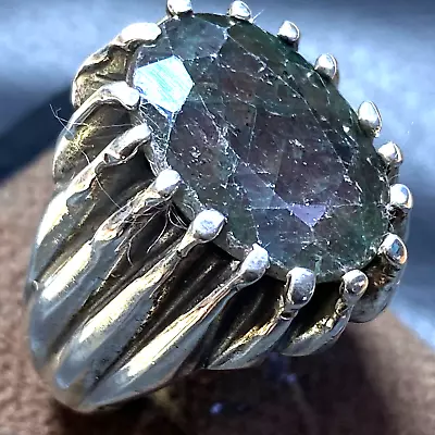 Vintage 925 Sterling Silver Mens Ring Natural Green Emerald زمرد طبيعي • $150