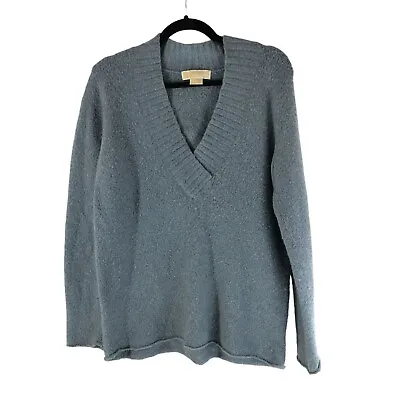 Michael Kors Womens Tunic Sweater V Neck Wool Blend Fuzzy Blue L • $12.99