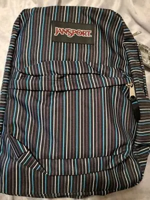 Nwt Jansport Superbreak Backpack Black Blue White Grey Stripe Free Us S&h • £57.86