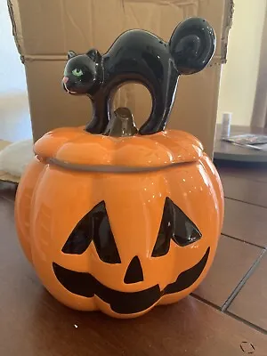 Black Cat Jack-O-Lantern Pumpkin Cookie Jar Halloween Treat Cheryl's Collectible • $34.99
